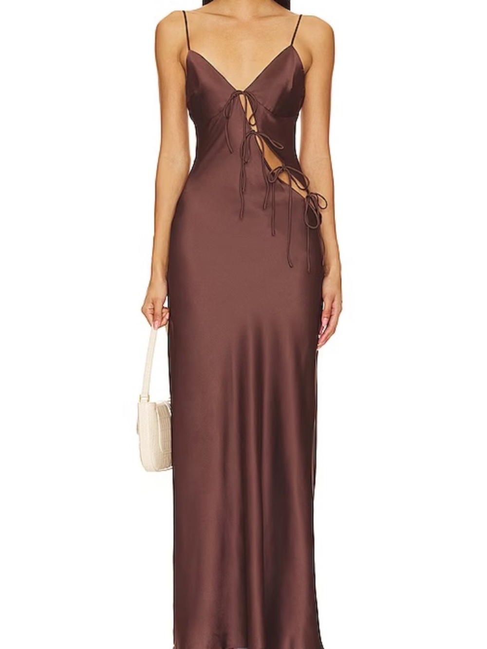 Lioness Brown Satin Maxi Slip Dress with Side Tie Cutouts